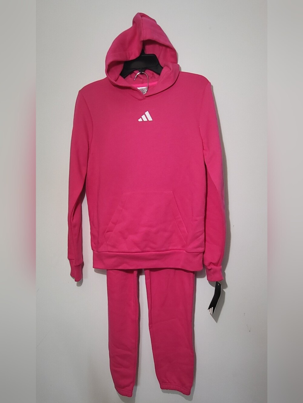 Adidas 2-Piece Long Sleeve Fleece Pullover and Jogger Set. Size 14 Neon Pink